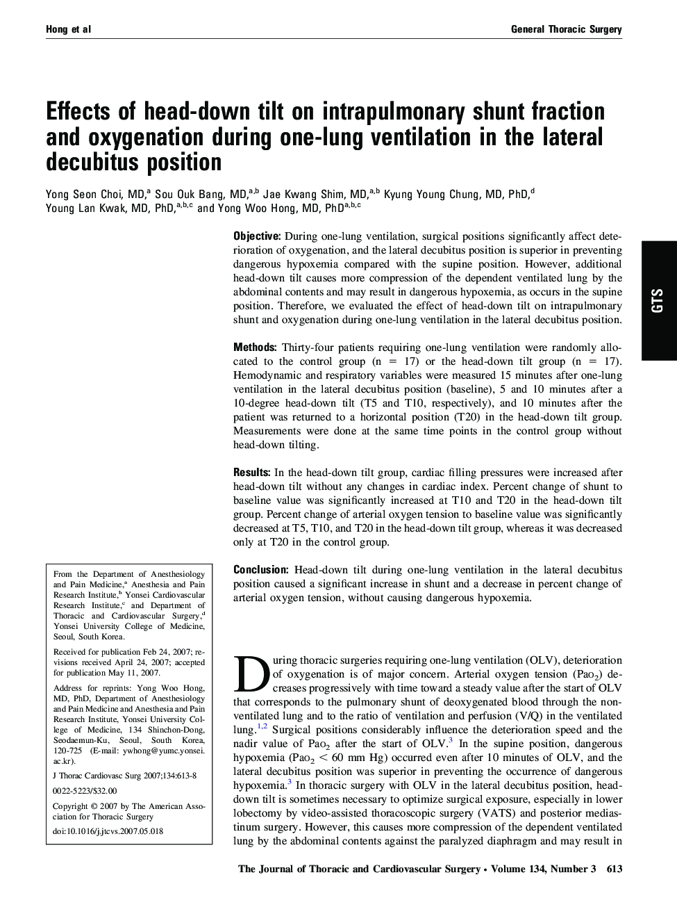 Effects of head-down tilt on intrapulmonary shunt fraction and oxygenation during one-lung ventilation in the lateral decubitus position