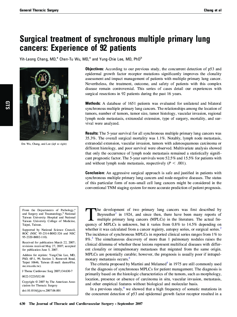 Surgical treatment of synchronous multiple primary lung cancers: Experience of 92 patients 