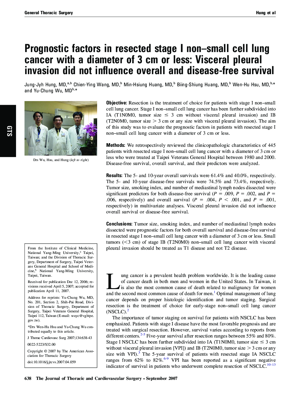 Prognostic factors in resected stage I non–small cell lung cancer with a diameter of 3 cm or less: Visceral pleural invasion did not influence overall and disease-free survival