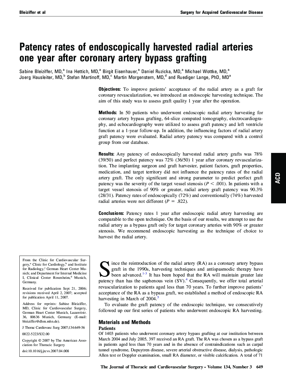 Patency rates of endoscopically harvested radial arteries one year after coronary artery bypass grafting