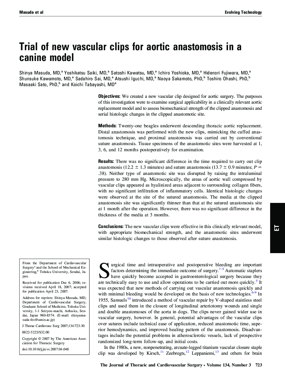 Trial of new vascular clips for aortic anastomosis in a canine model