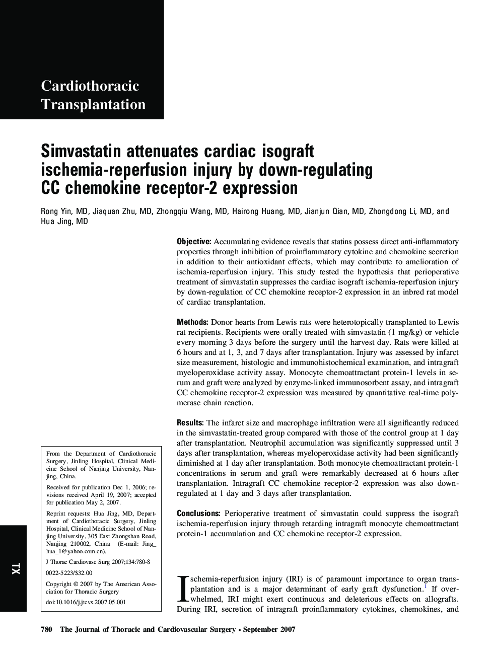 Simvastatin attenuates cardiac isograft ischemia-reperfusion injury by down-regulating CC chemokine receptor-2 expression