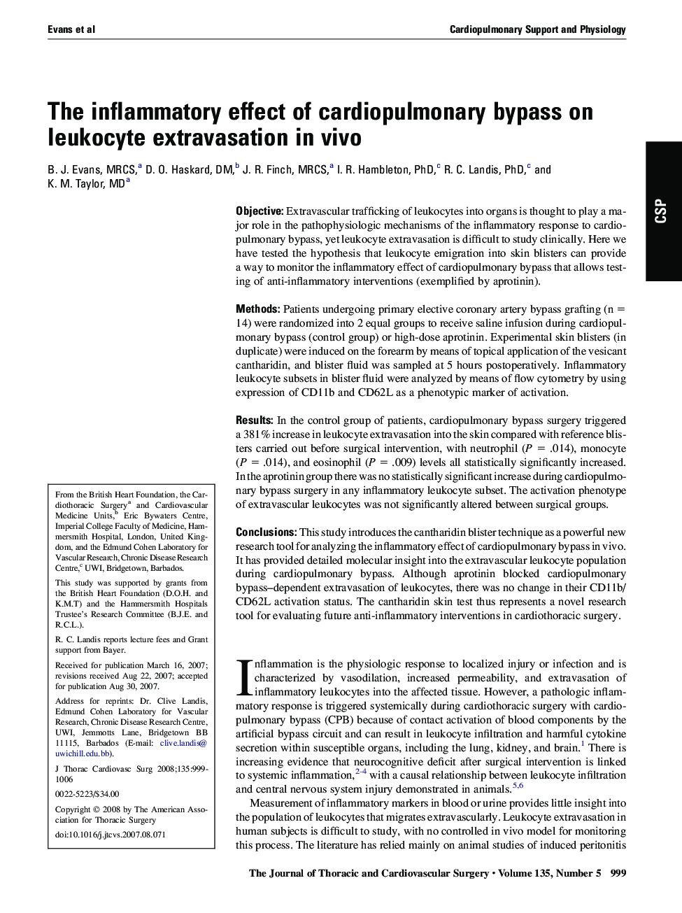 The inflammatory effect of cardiopulmonary bypass on leukocyte extravasation in vivo 