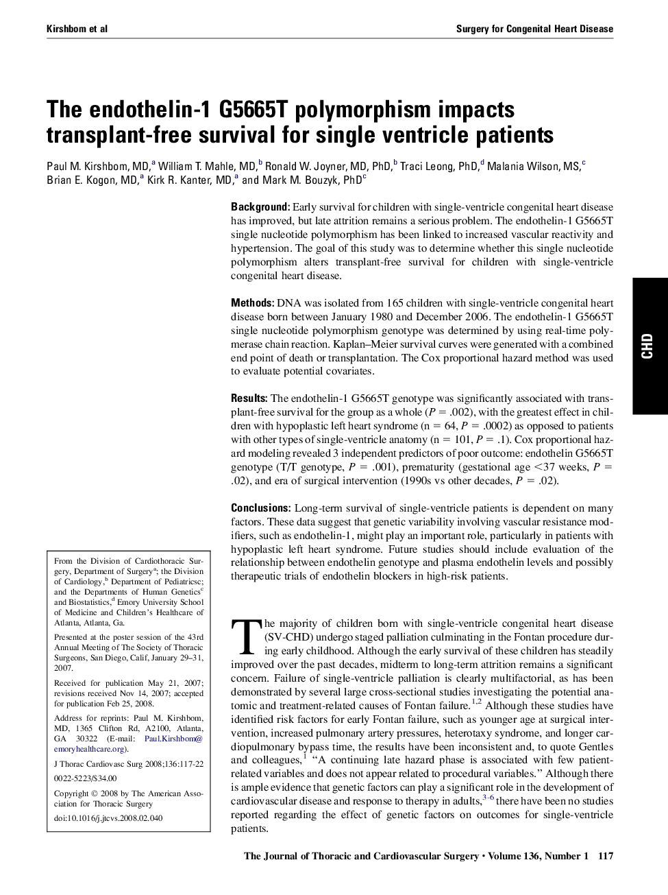 The endothelin-1 G5665T polymorphism impacts transplant-free survival for single ventricle patients 