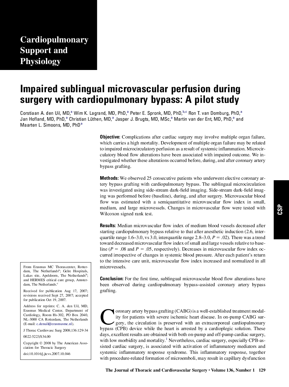 Impaired sublingual microvascular perfusion during surgery with cardiopulmonary bypass: A pilot study