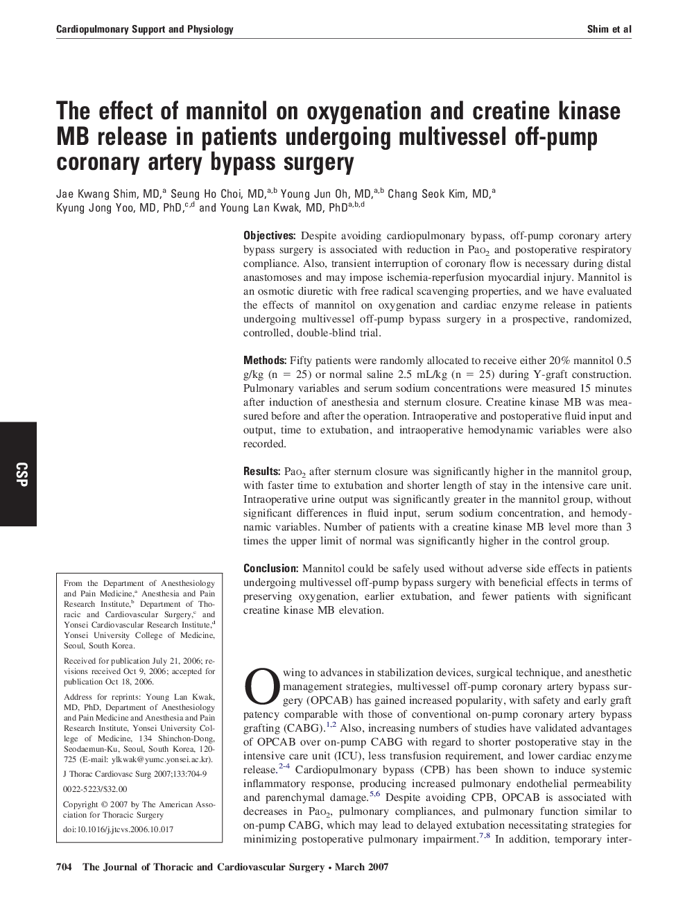 The effect of mannitol on oxygenation and creatine kinase MB release in patients undergoing multivessel off-pump coronary artery bypass surgery