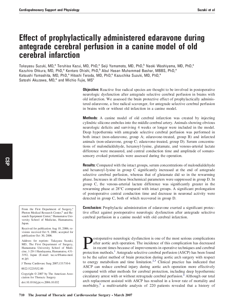 Effect of prophylactically administered edaravone during antegrade cerebral perfusion in a canine model of old cerebral infarction