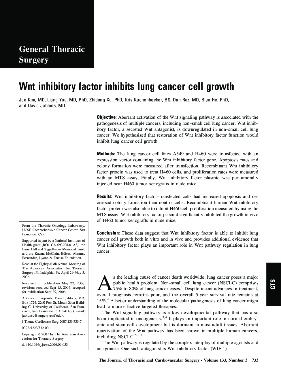 Wnt inhibitory factor inhibits lung cancer cell growth