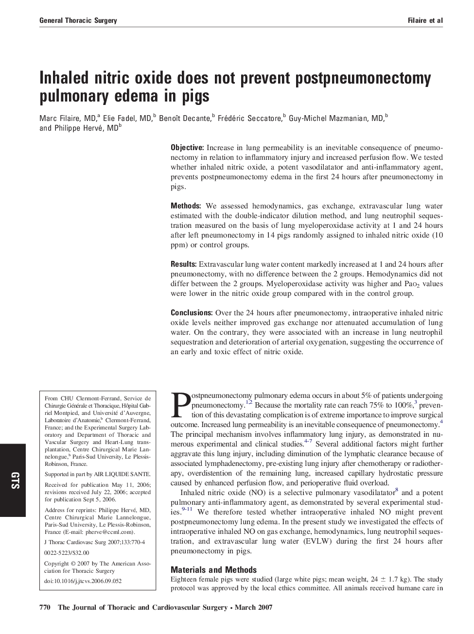 Inhaled nitric oxide does not prevent postpneumonectomy pulmonary edema in pigs 
