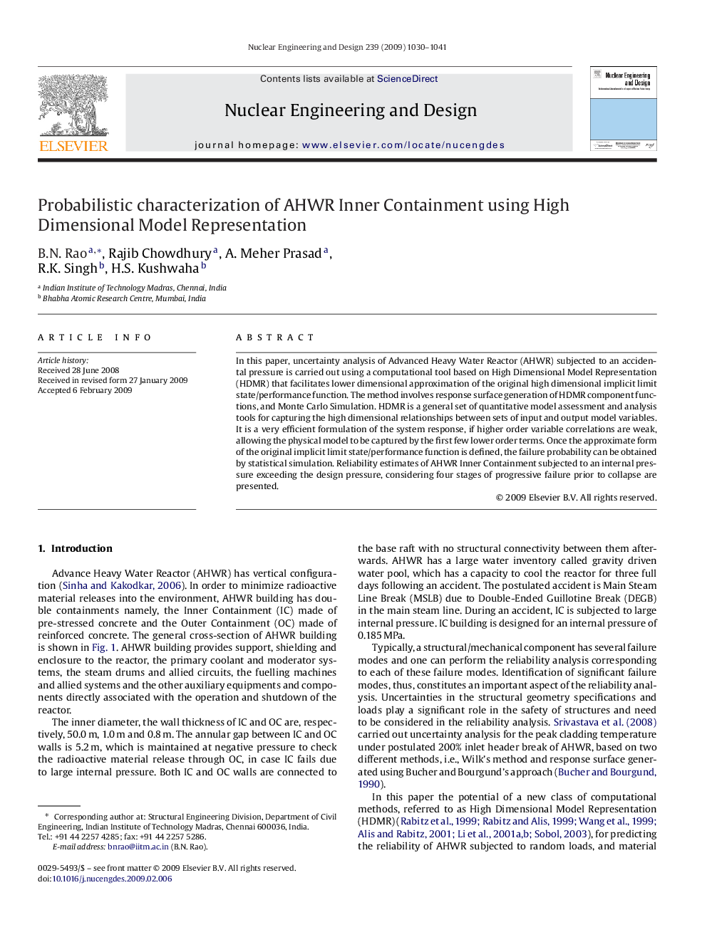 Probabilistic characterization of AHWR Inner Containment using High Dimensional Model Representation