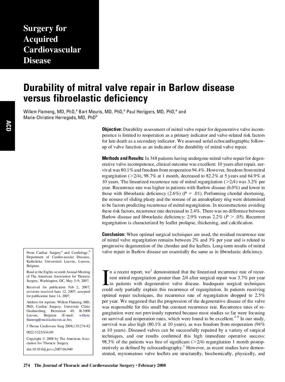 Durability of mitral valve repair in Barlow disease versus fibroelastic deficiency 