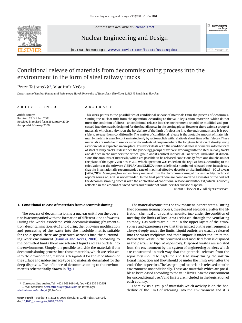 Conditional release of materials from decommissioning process into the environment in the form of steel railway tracks