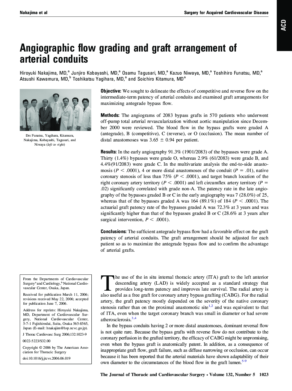 Angiographic flow grading and graft arrangement of arterial conduits