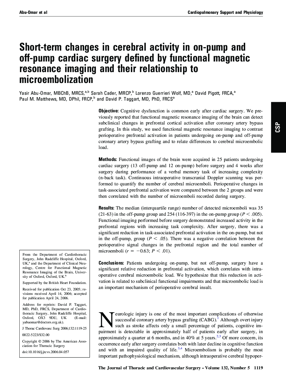 Short-term changes in cerebral activity in on-pump and off-pump cardiac surgery defined by functional magnetic resonance imaging and their relationship to microembolization 