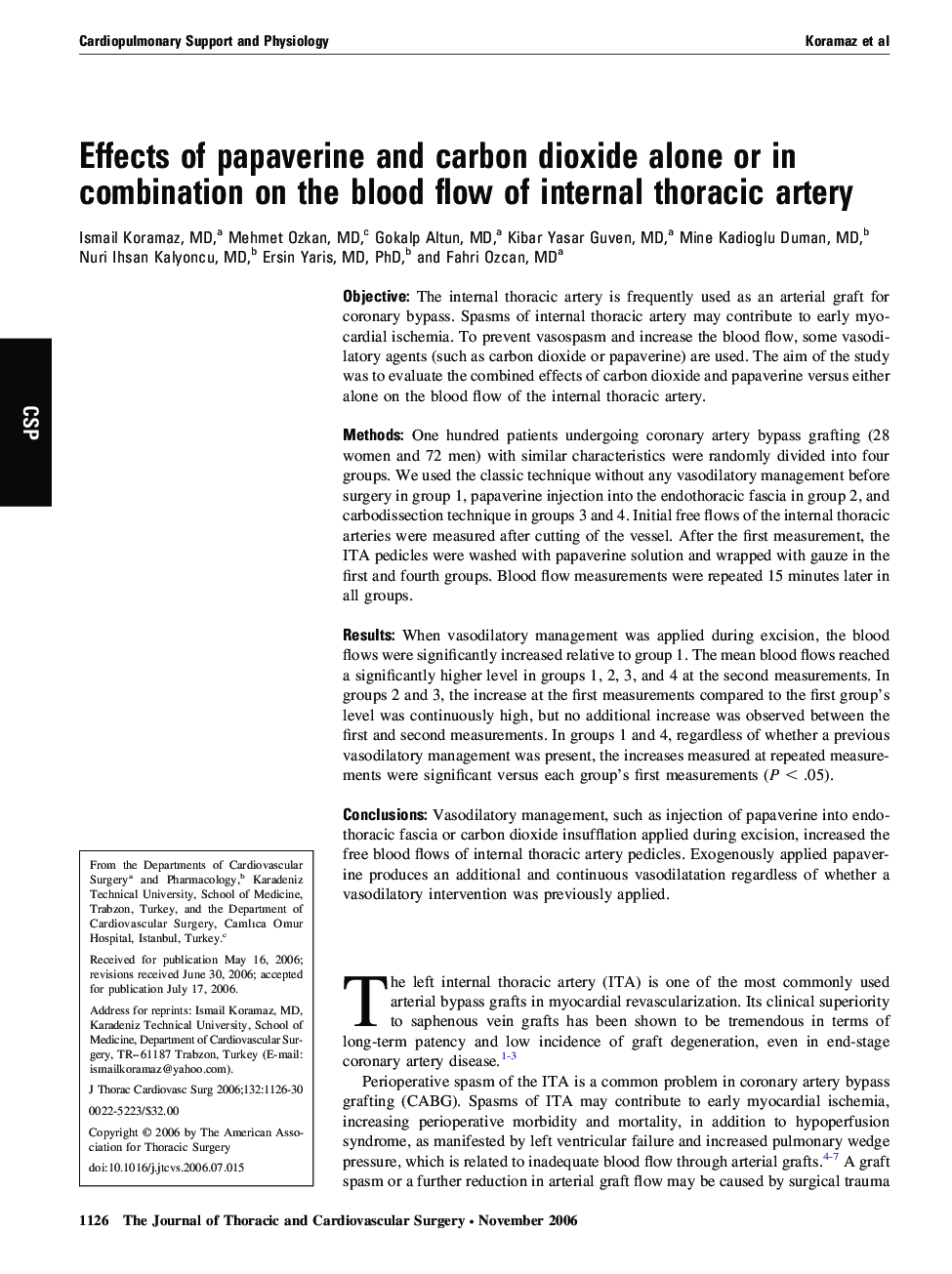 Effects of papaverine and carbon dioxide alone or in combination on the blood flow of internal thoracic artery
