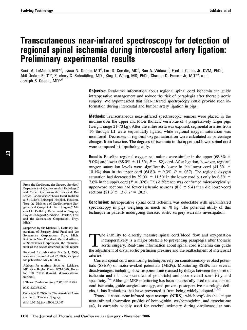 Transcutaneous near-infrared spectroscopy for detection of regional spinal ischemia during intercostal artery ligation: Preliminary experimental results