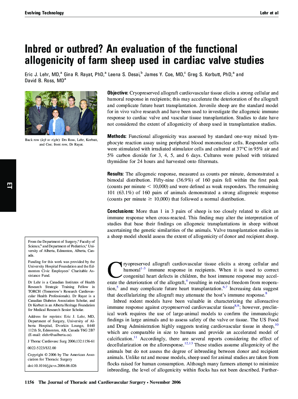 Inbred or outbred? An evaluation of the functional allogenicity of farm sheep used in cardiac valve studies 