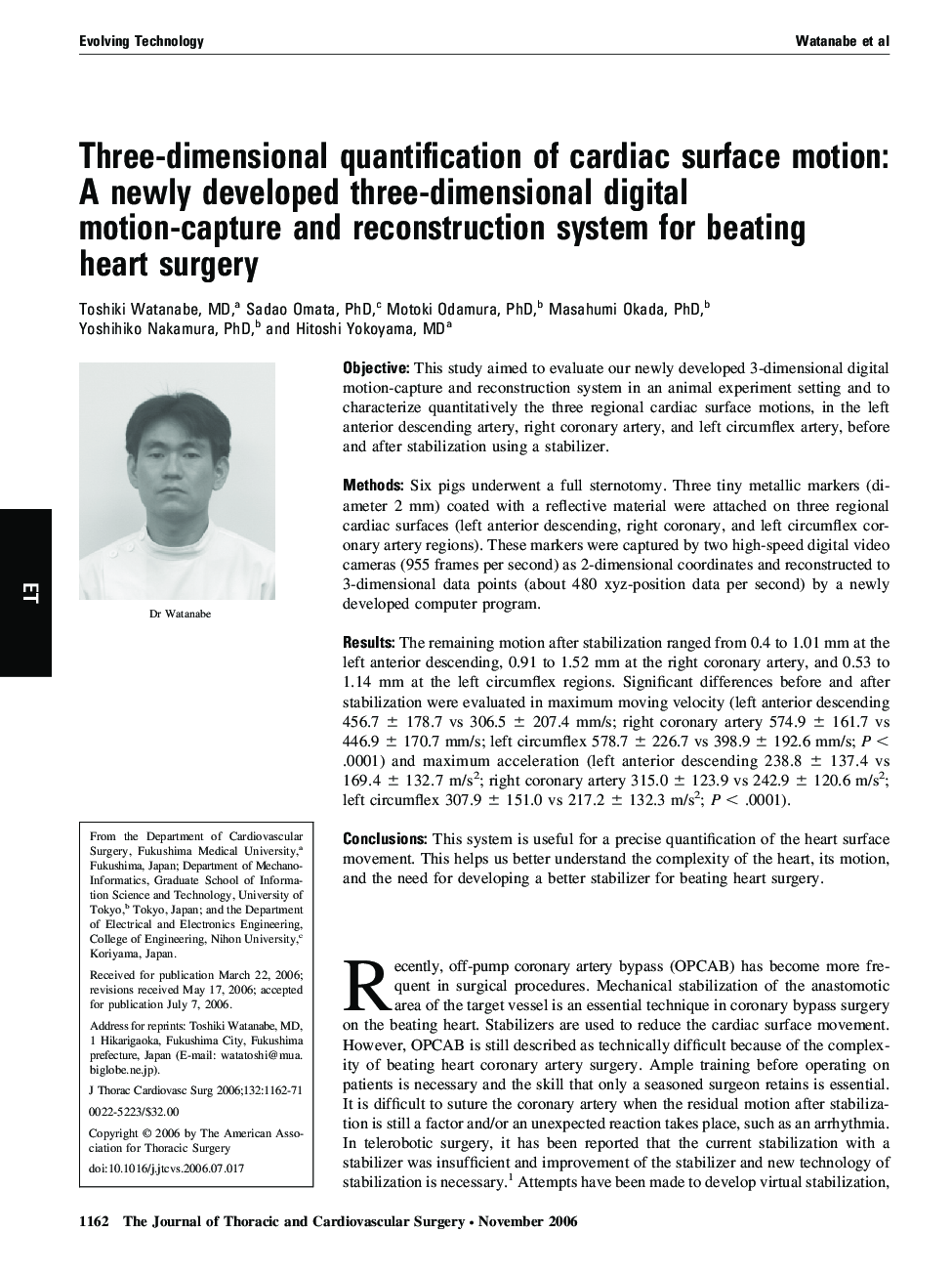 Three-dimensional quantification of cardiac surface motion: A newly developed three-dimensional digital motion-capture and reconstruction system for beating heart surgery