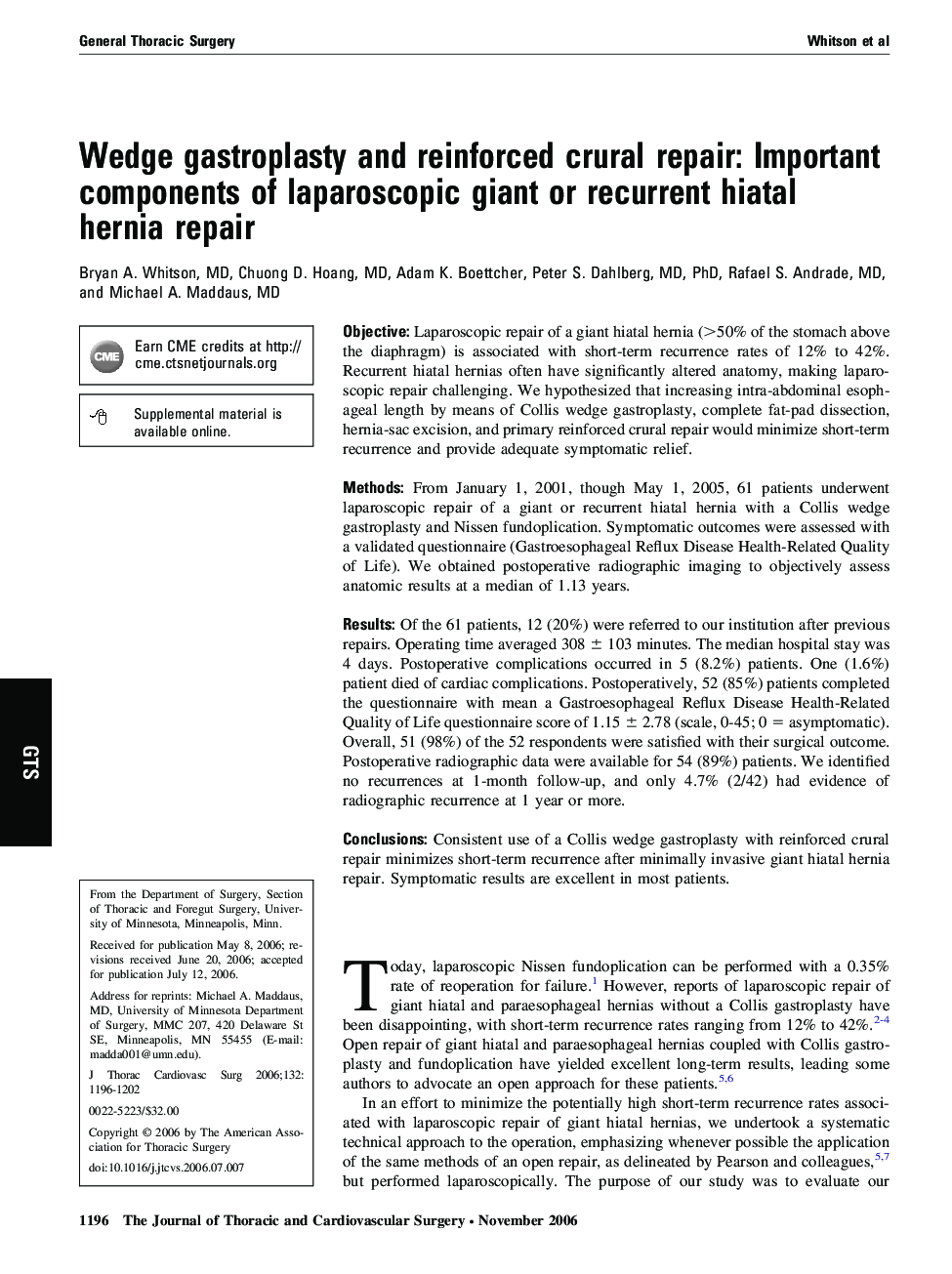 Wedge gastroplasty and reinforced crural repair: Important components of laparoscopic giant or recurrent hiatal hernia repair