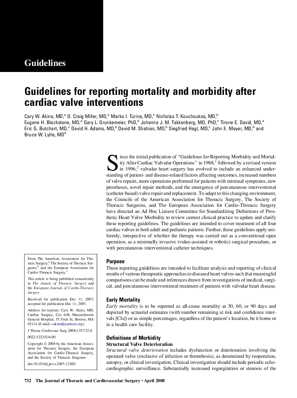 Guidelines for reporting mortality and morbidity after cardiac valve interventions