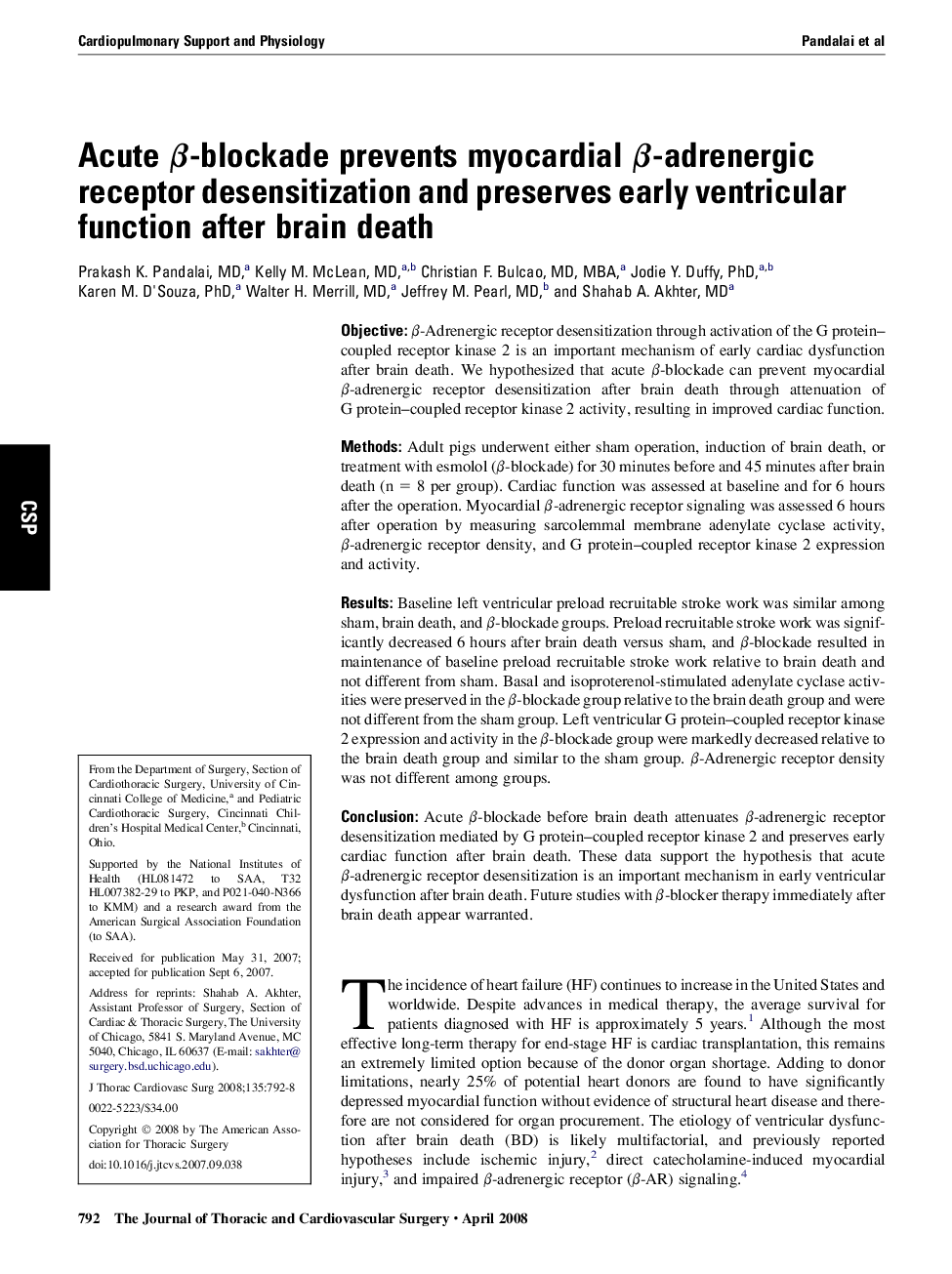 Acute β-blockade prevents myocardial β-adrenergic receptor desensitization and preserves early ventricular function after brain death 