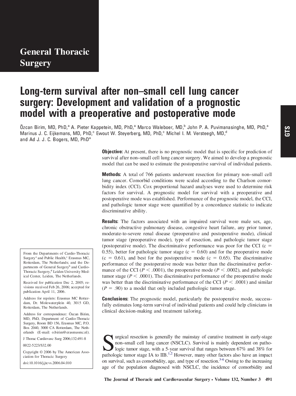 Long-term survival after non–small cell lung cancer surgery: Development and validation of a prognostic model with a preoperative and postoperative mode 