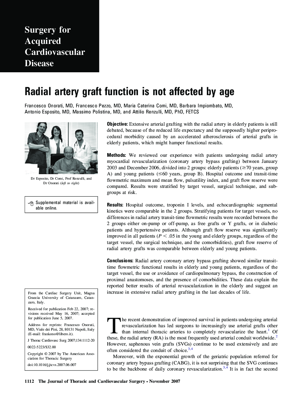 Radial artery graft function is not affected by age