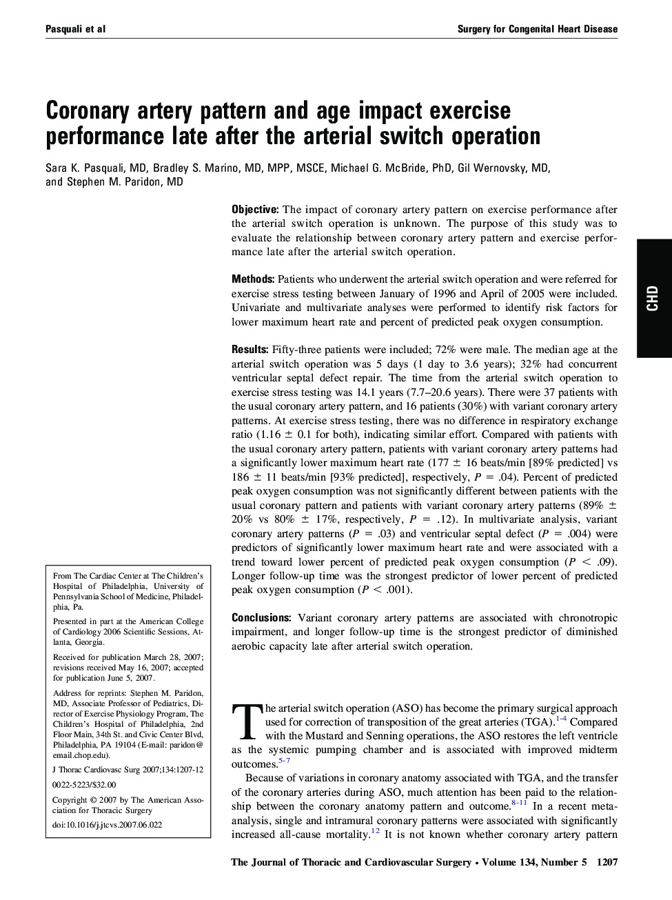 Coronary artery pattern and age impact exercise performance late after the arterial switch operation