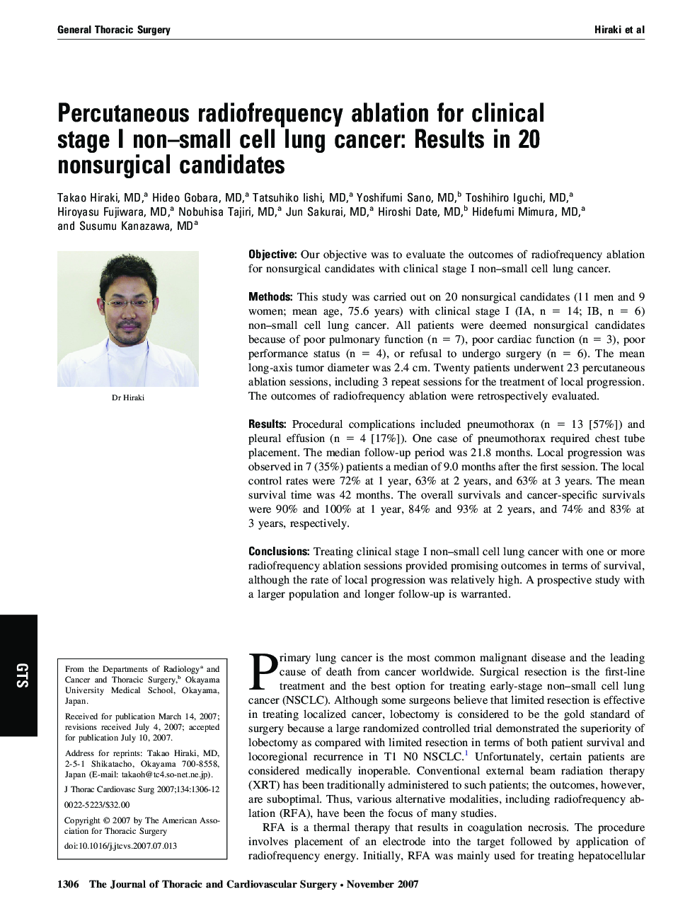 Percutaneous radiofrequency ablation for clinical stage I non–small cell lung cancer: Results in 20 nonsurgical candidates