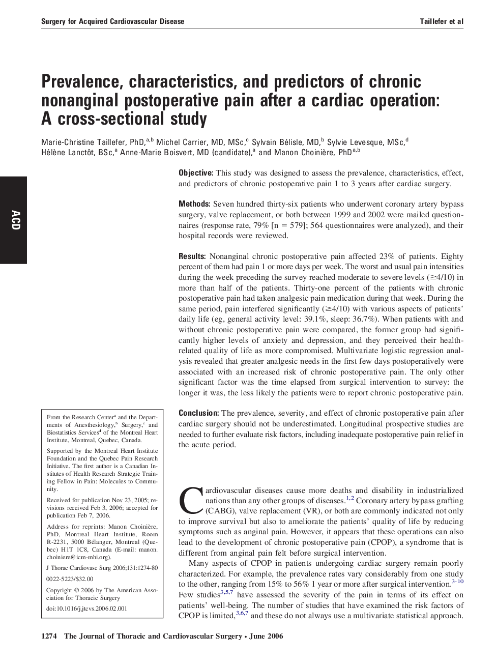 Prevalence, characteristics, and predictors of chronic nonanginal postoperative pain after a cardiac operation: A cross-sectional study 