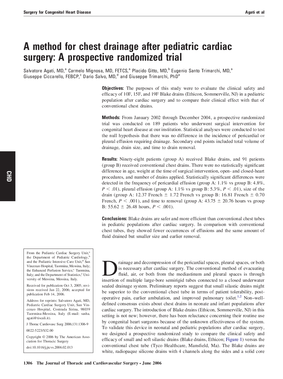 A method for chest drainage after pediatric cardiac surgery: A prospective randomized trial