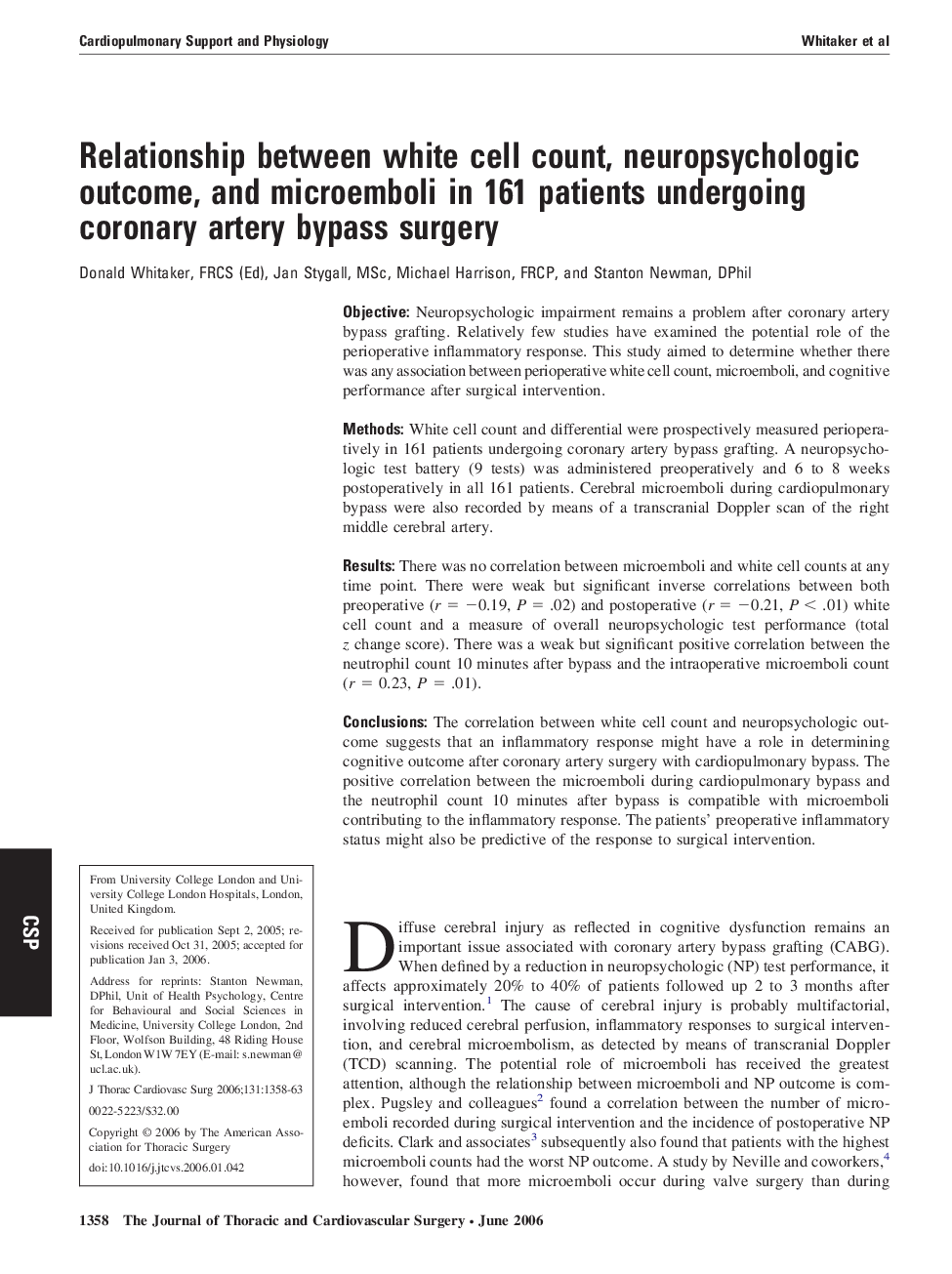 Relationship between white cell count, neuropsychologic outcome, and microemboli in 161 patients undergoing coronary artery bypass surgery