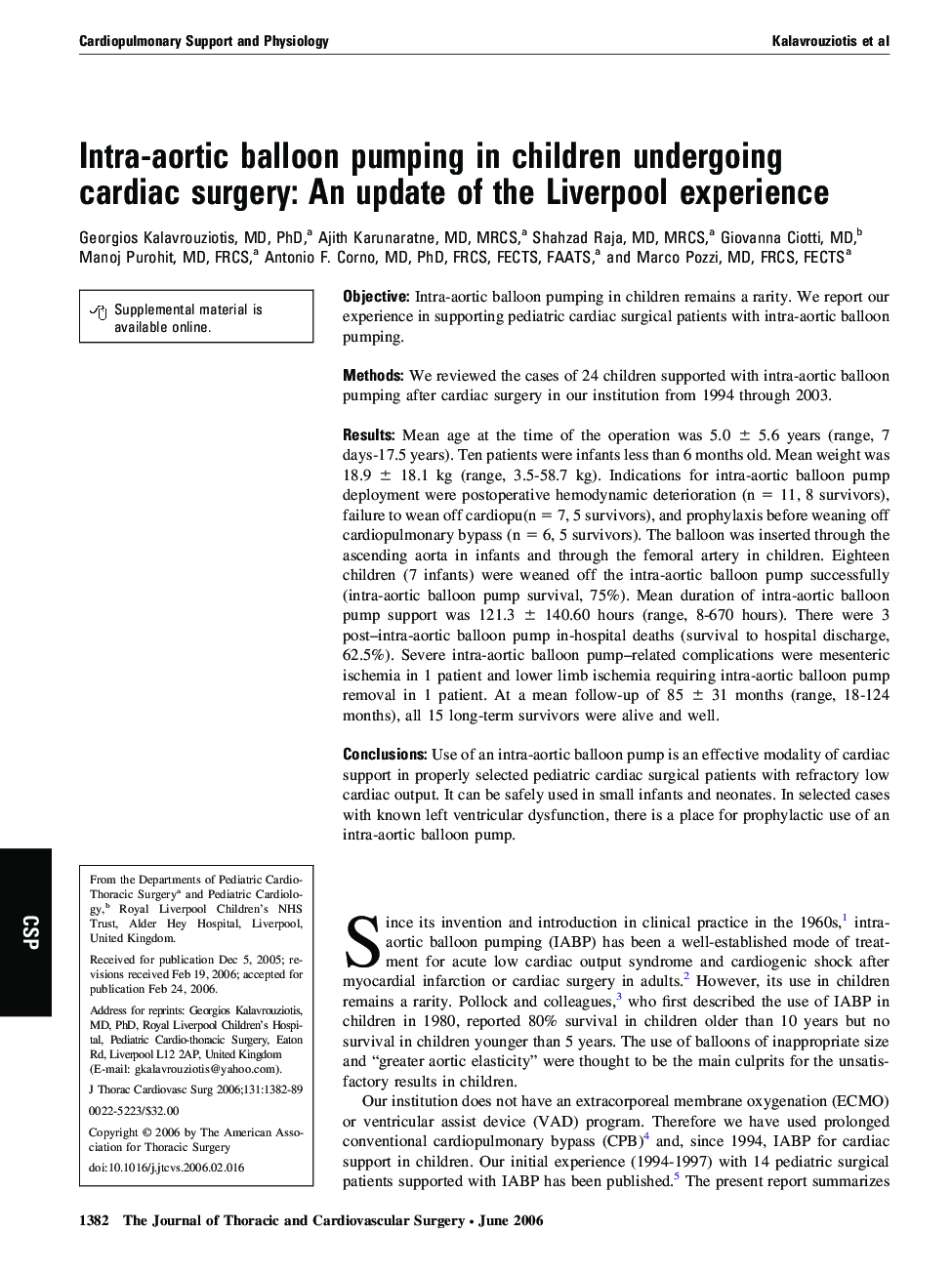 Intra-aortic balloon pumping in children undergoing cardiac surgery: An update of the Liverpool experience