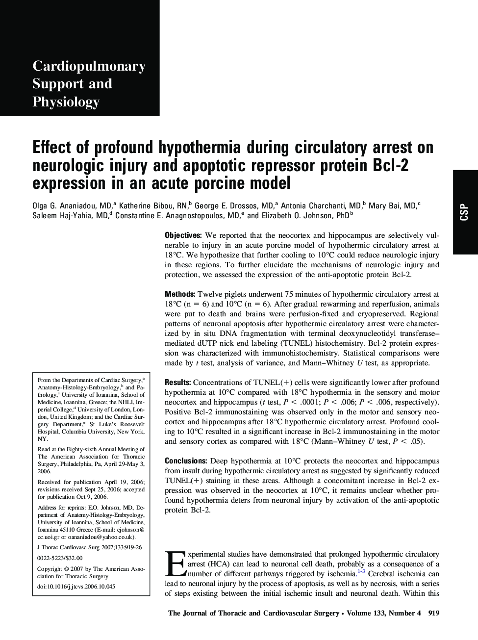 Effect of profound hypothermia during circulatory arrest on neurologic injury and apoptotic repressor protein Bcl-2 expression in an acute porcine model