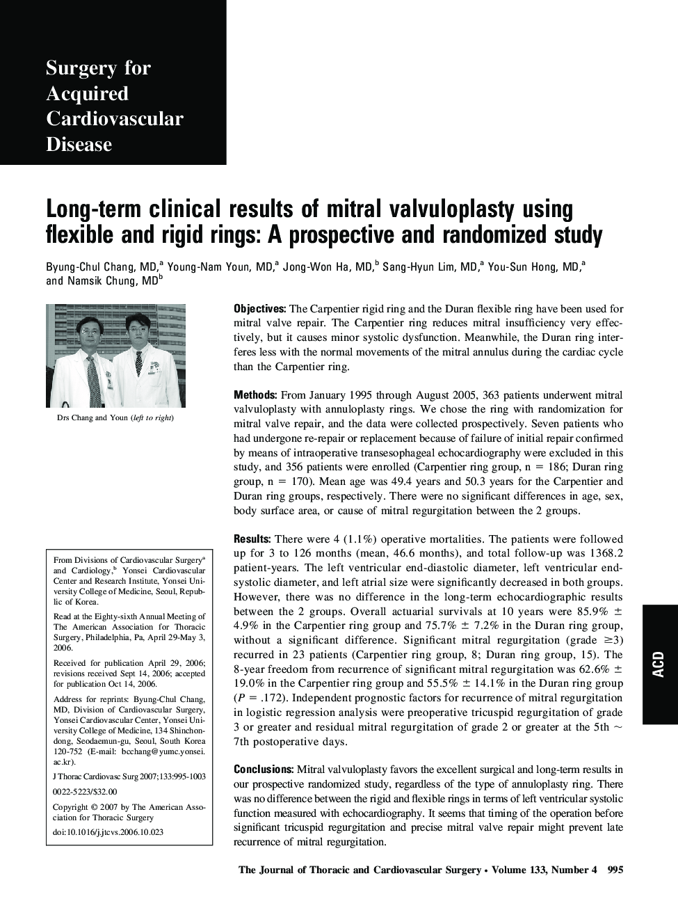 Long-term clinical results of mitral valvuloplasty using flexible and rigid rings: A prospective and randomized study