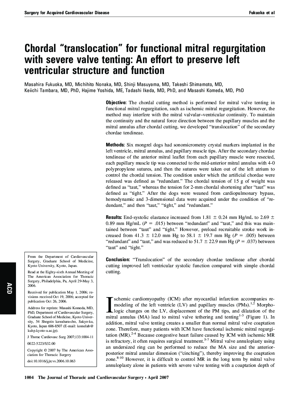 Chordal “translocation” for functional mitral regurgitation with severe valve tenting: An effort to preserve left ventricular structure and function