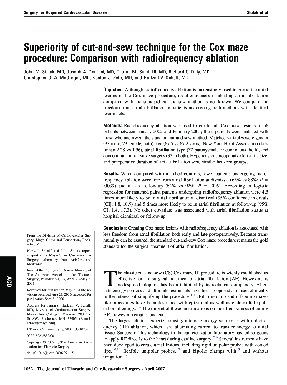 Superiority of cut-and-sew technique for the Cox maze procedure: Comparison with radiofrequency ablation