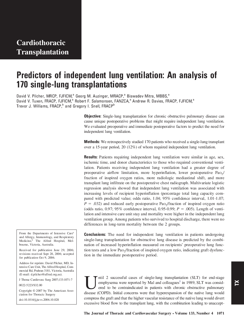 Predictors of independent lung ventilation: An analysis of 170 single-lung transplantations