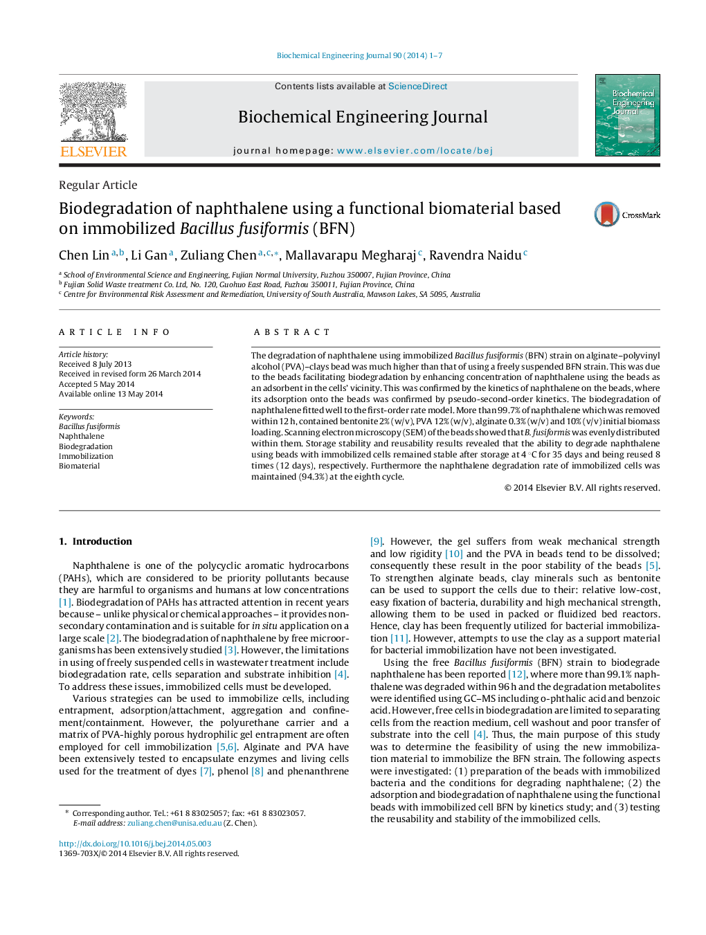 Biodegradation of naphthalene using a functional biomaterial based on immobilized Bacillus fusiformis (BFN)