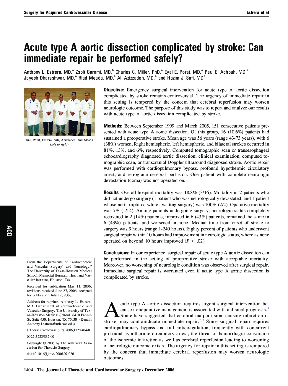 Acute type A aortic dissection complicated by stroke: Can immediate repair be performed safely?