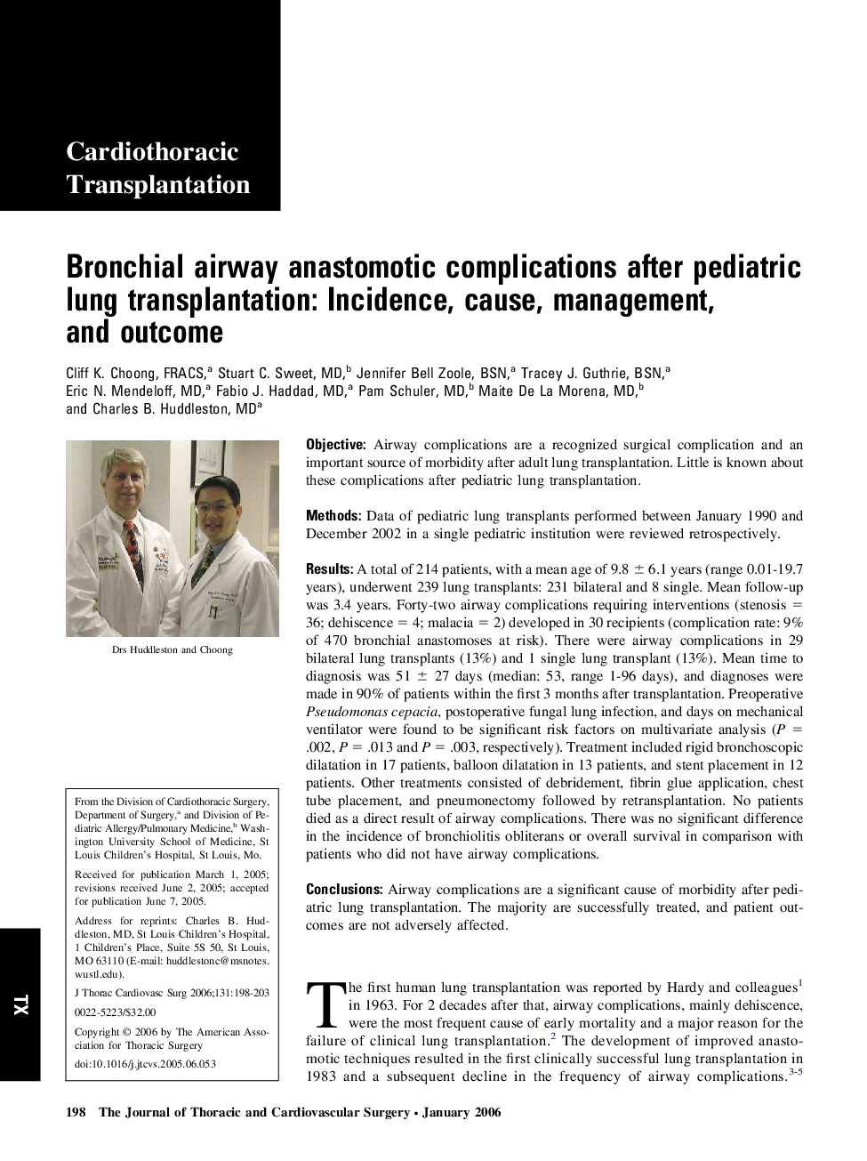 Bronchial airway anastomotic complications after pediatric lung transplantation: Incidence, cause, management, and outcome