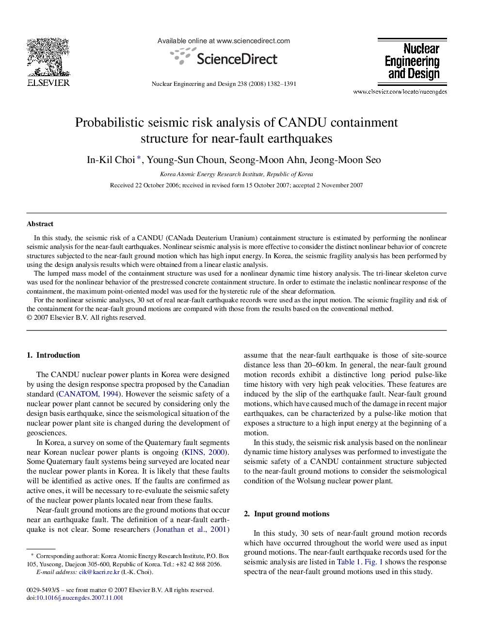 Probabilistic seismic risk analysis of CANDU containment structure for near-fault earthquakes