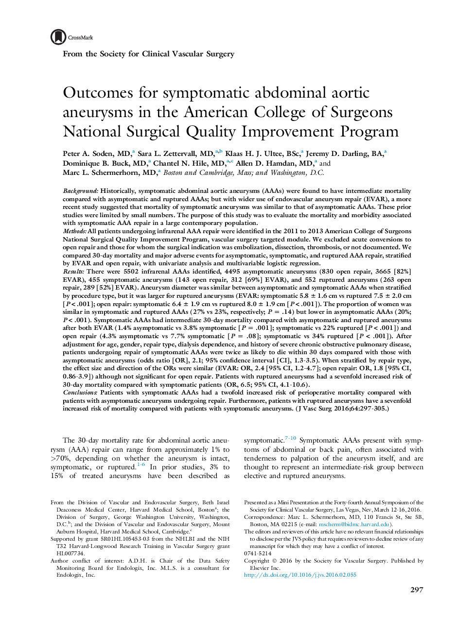 نتایج حاصل از آنوریسم های آئورت شکمی در کالج آمریکایی جراحان برنامه بهبود کیفیت جراحی ملی 