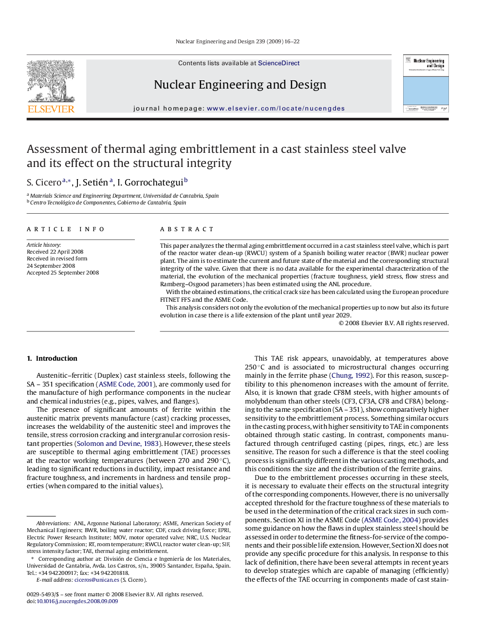 Assessment of thermal aging embrittlement in a cast stainless steel valve and its effect on the structural integrity