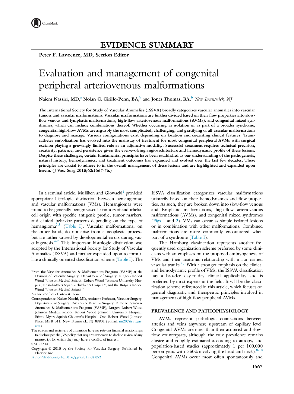 Evaluation and management of congenital peripheral arteriovenous malformations 