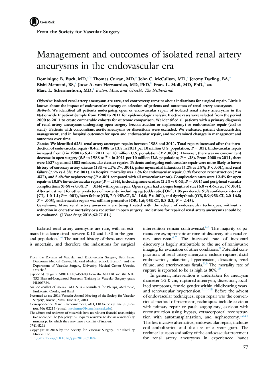 Management and outcomes of isolated renal artery aneurysms in the endovascular era 