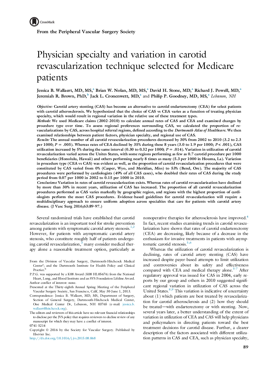 Physician specialty and variation in carotid revascularization technique selected for Medicare patients