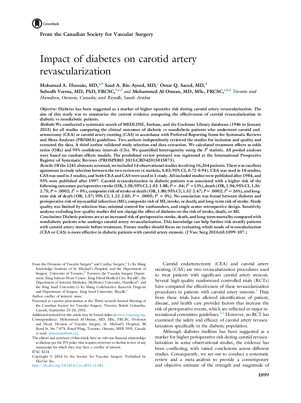 Impact of diabetes on carotid artery revascularization