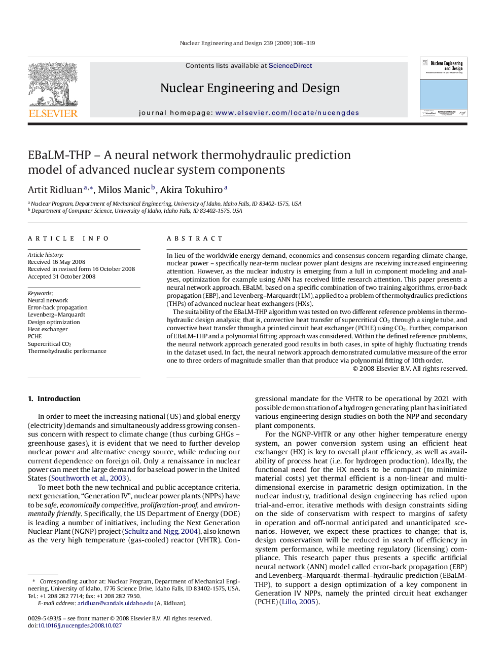 EBaLM-THP – A neural network thermohydraulic prediction model of advanced nuclear system components