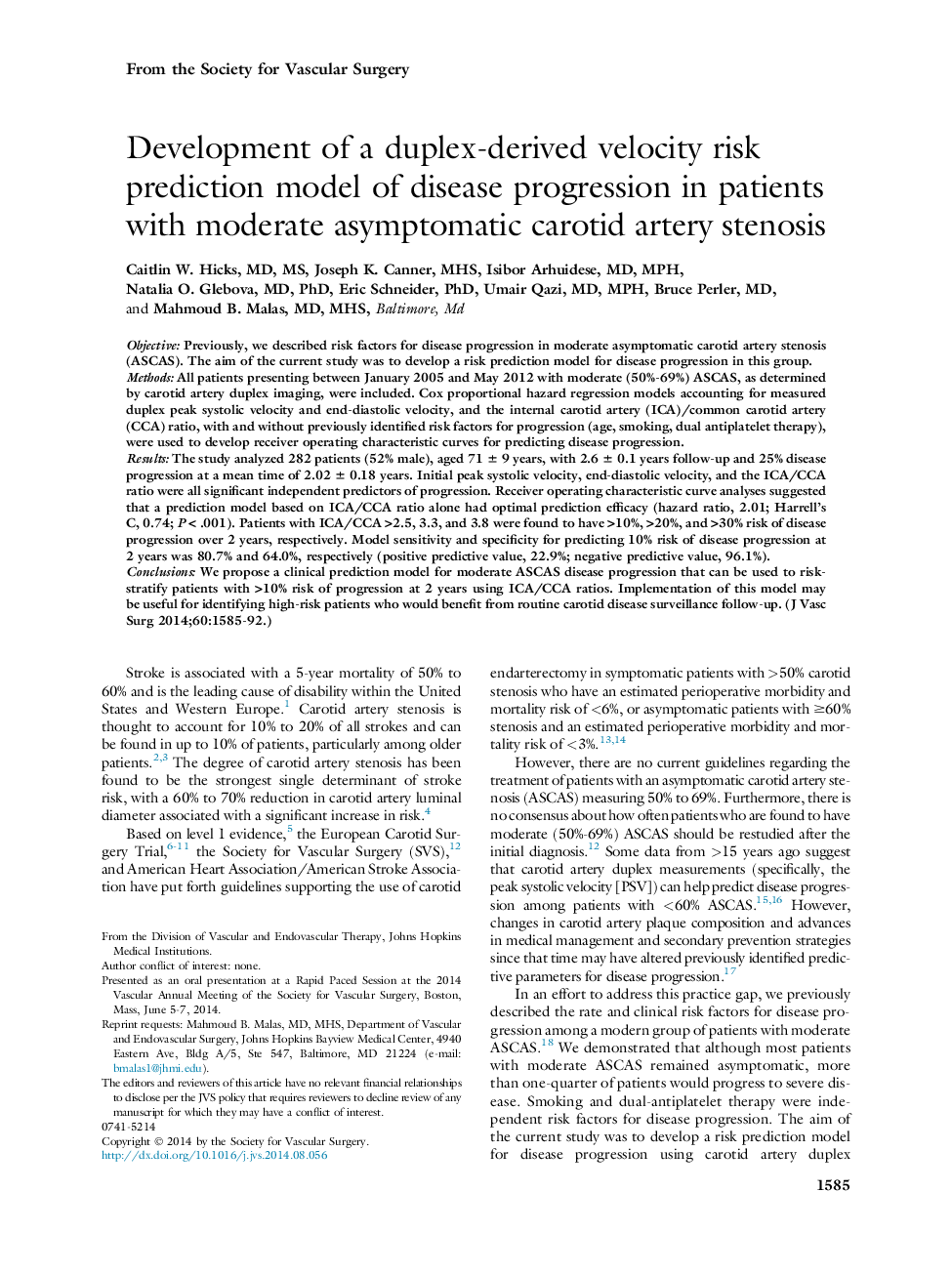 توسعه یک مدل پیش بینی ریسک سرعت دو طرفه پیشرفت بیماری در بیماران مبتلا به تنگی شریان کاروتید بدون علامت 